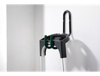 Wall-mounted garden tool holder with green hooks and 'Vpari' branding.