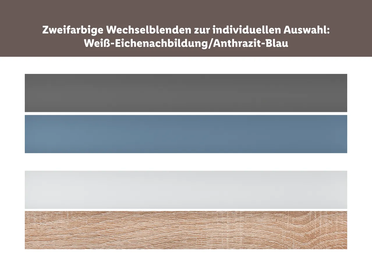 Drei Farboptionen für Möbel: Dunkelgrau, Blaugrau und Hellbeige mit Holzoptik.