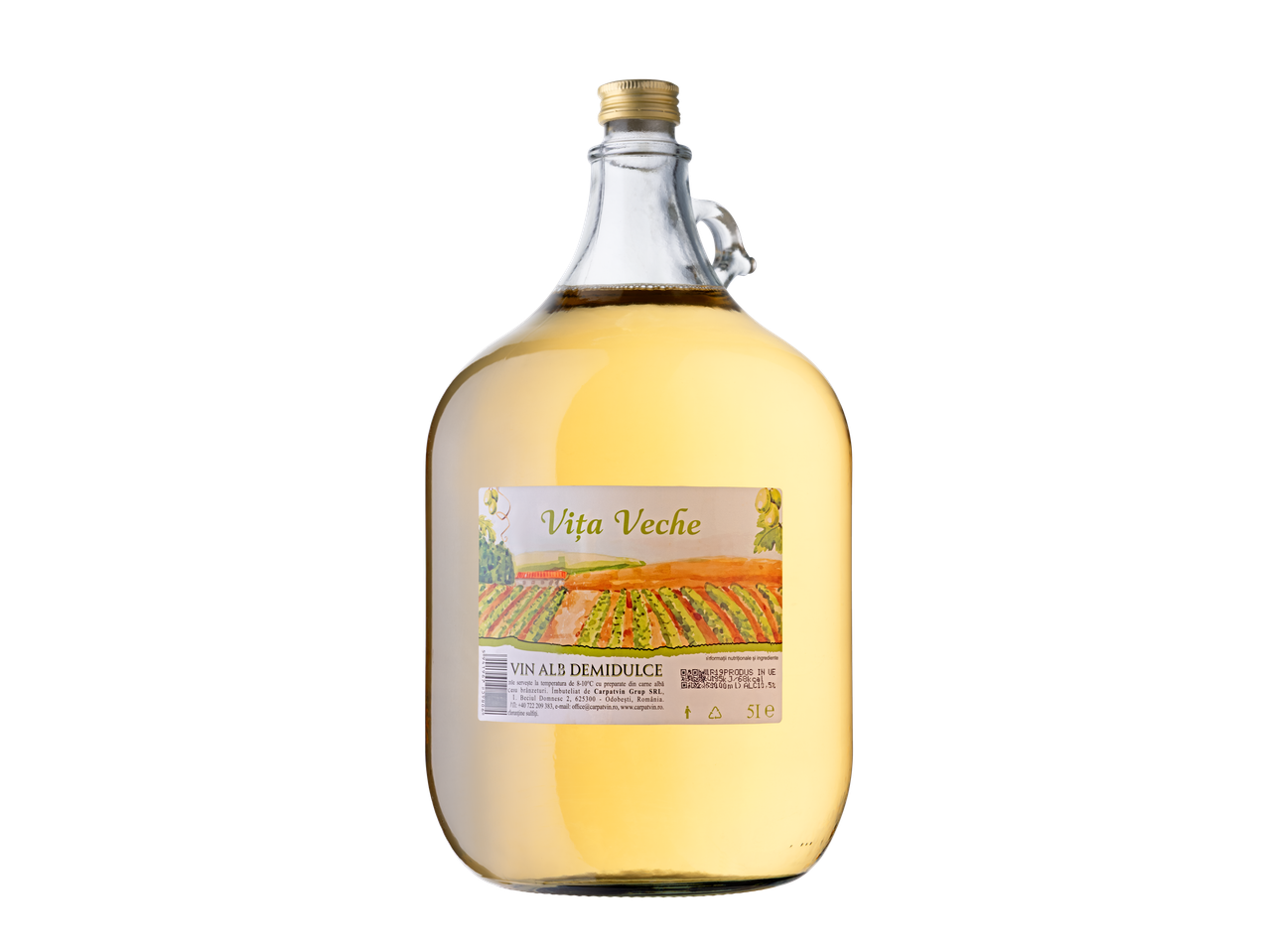 O sticlă de vin alb demidulce Vița Veche pe un fundal negru.