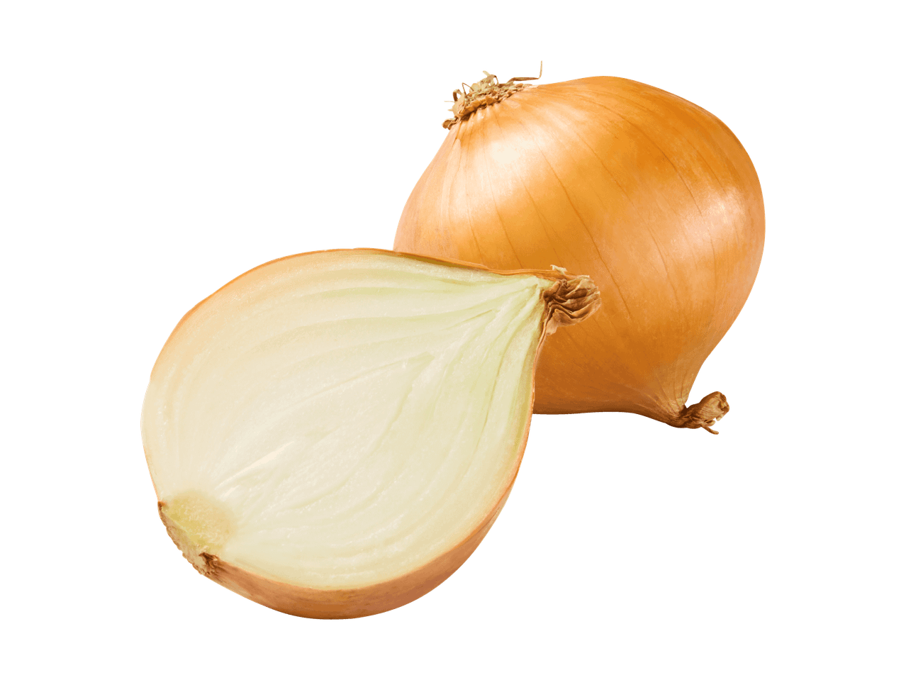 Eine ganze Zwiebel und eine halbierte Zwiebel mit sichtbaren Schichten.
