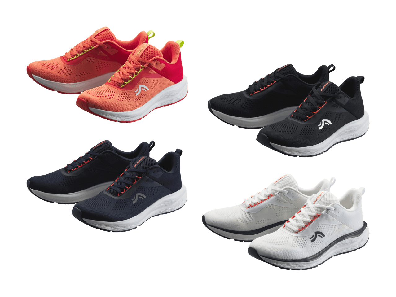 Vier Paar Laufschuhe in Orange, Schwarz, Blau und Weiß.