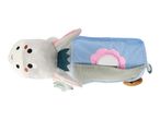 A plush toy with a blue and white striped pouch holding a pink flower-shaped mirror.