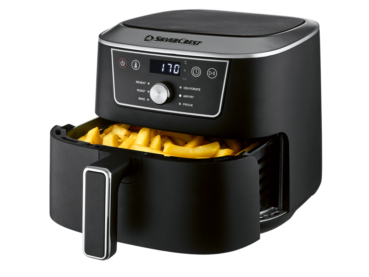 Fritadeira de ar preta com display digital mostrando 170 graus, cheia de batatas fritas douradas.