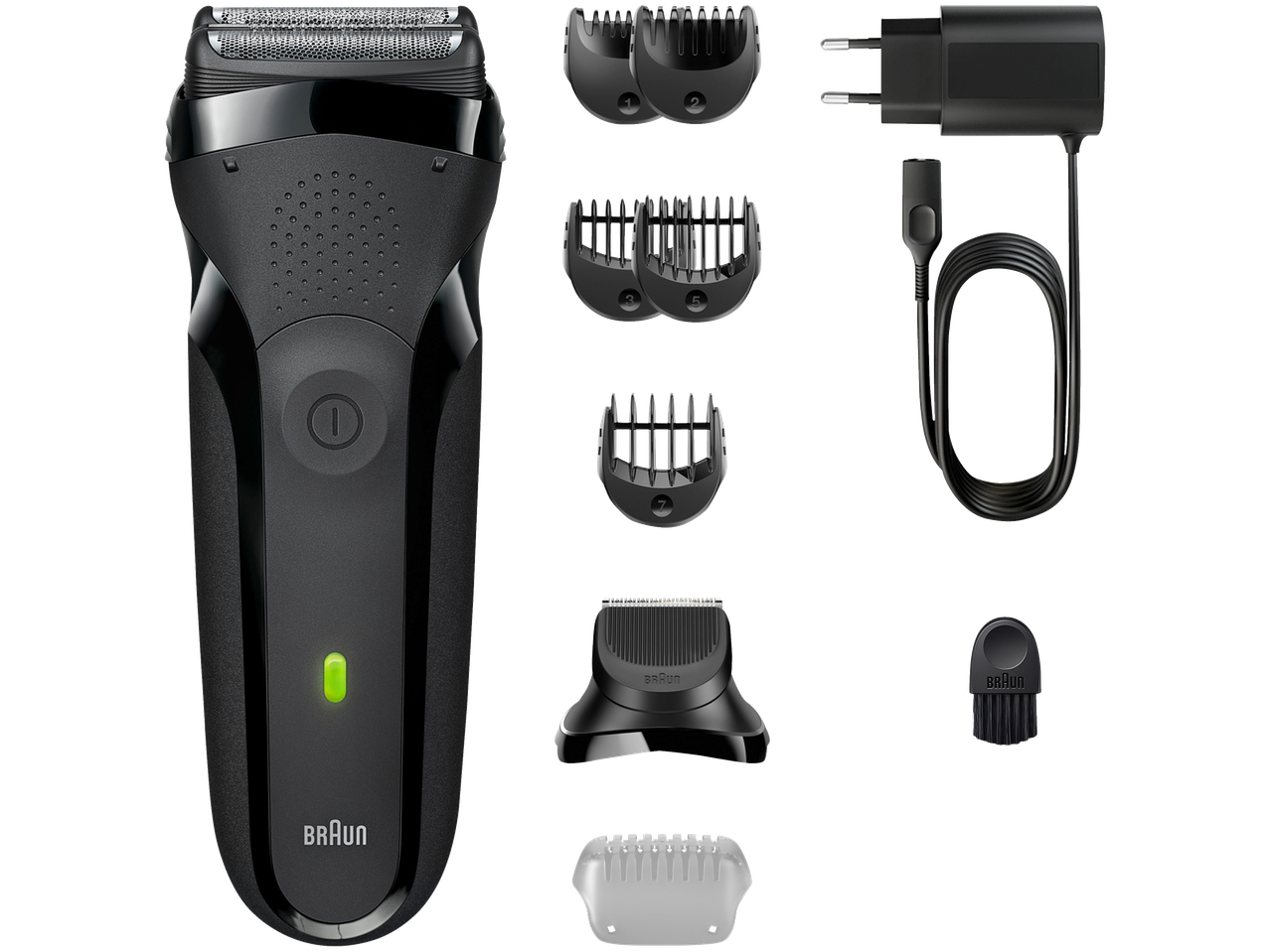 BRAUN Serie 3 300BT scheerapparaat met opzetstukken, oplader en reinigingsborsteltje.