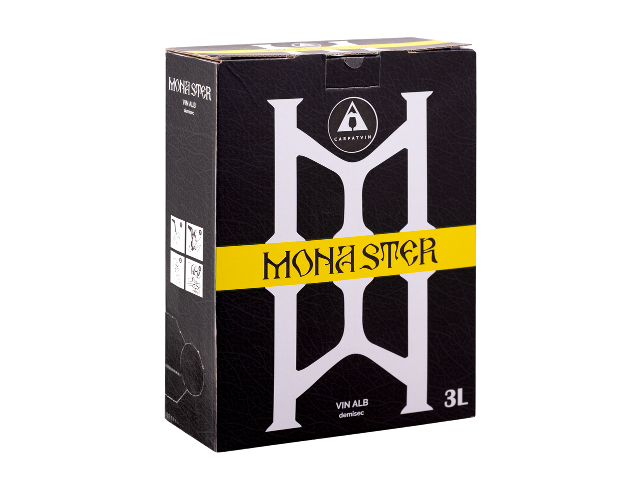 Cutie neagră de 3L de vin Monaster, cu text galben și logo alb.