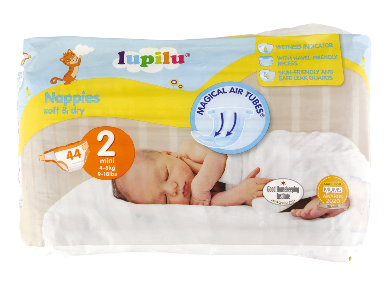 Lupilu Nappies packaging featuring a sleeping baby and product details.