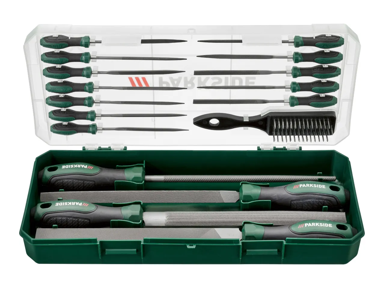Parkside needle files and hand files set in a green carrying case.