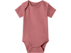 Pink short-sleeved baby bodysuit with snap closures at the crotch.