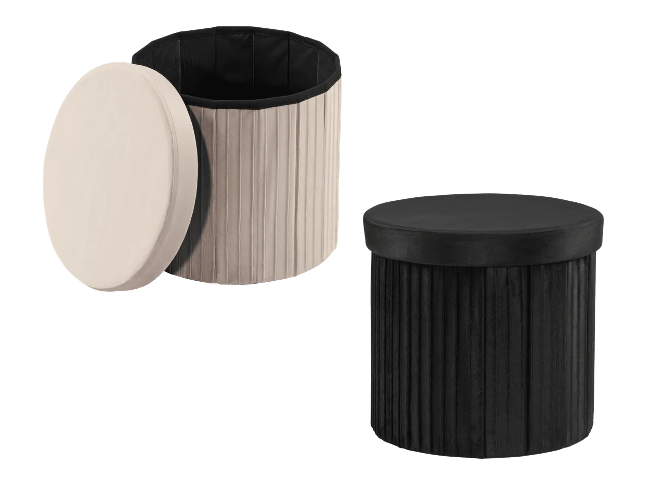 Kaksi pyöreää, laskostettua samettista säilytysjakkaraa, toinen beige ja toinen musta.