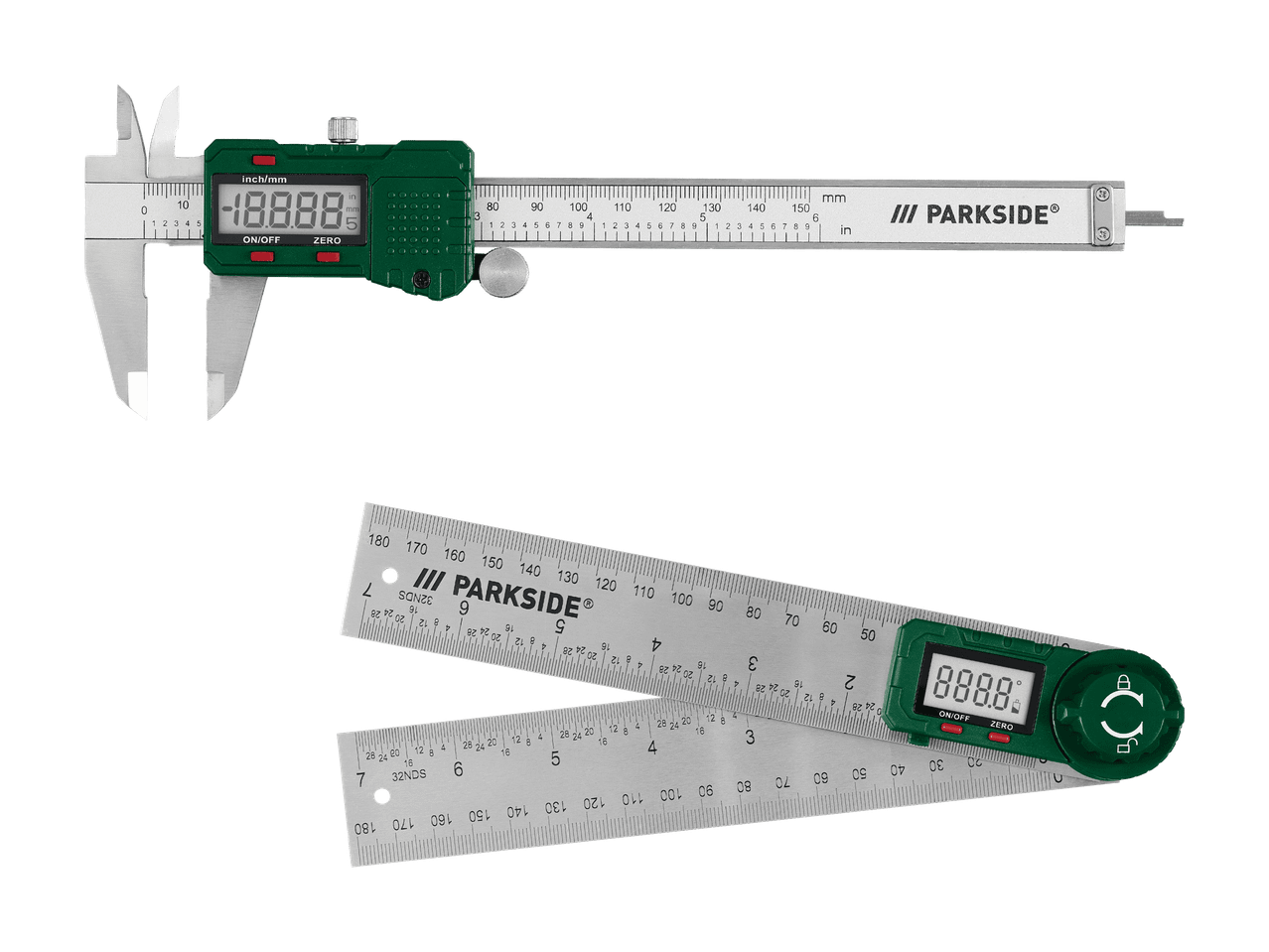 Ein digitaler Messschieber und ein digitaler Winkelmesser der Marke Parkside.