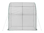 Compact walk-in greenhouse with a white mesh cover and green trim