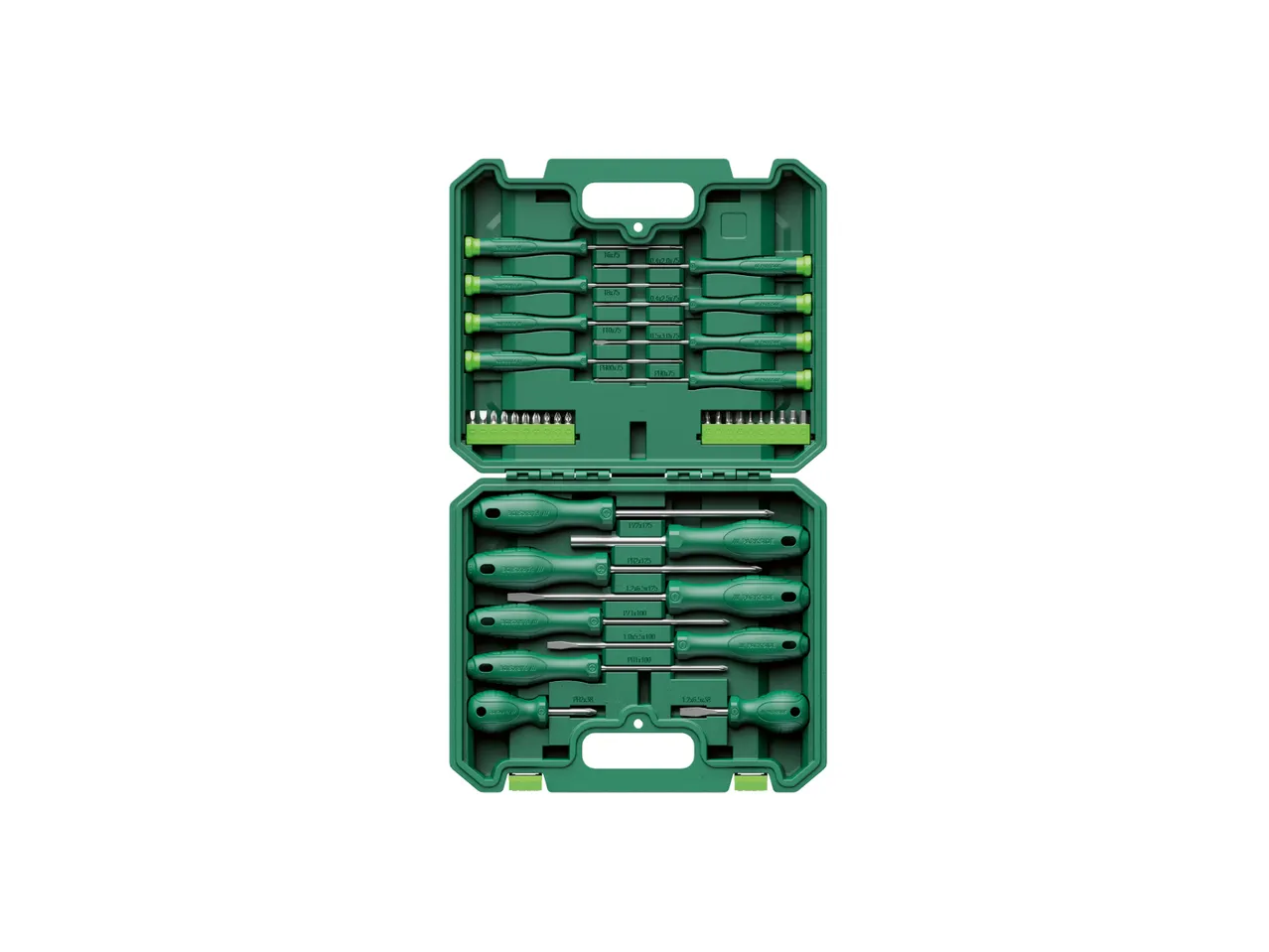 A green screwdriver set with various sizes of screwdrivers and bits in an open case.