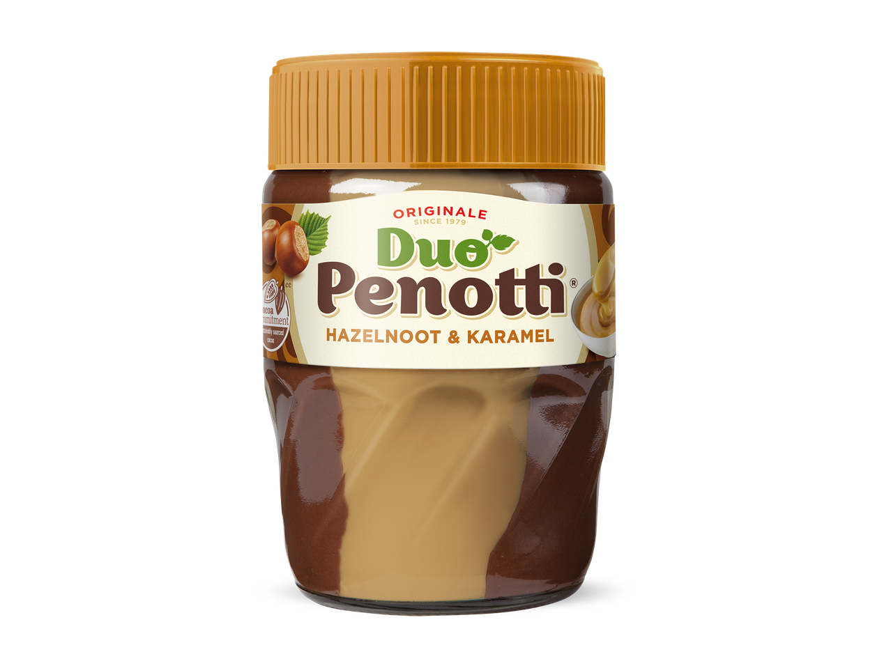 Pot met hazelnoot- en karamelpasta, met een oranje deksel en een label met hazelnoten en karamel.