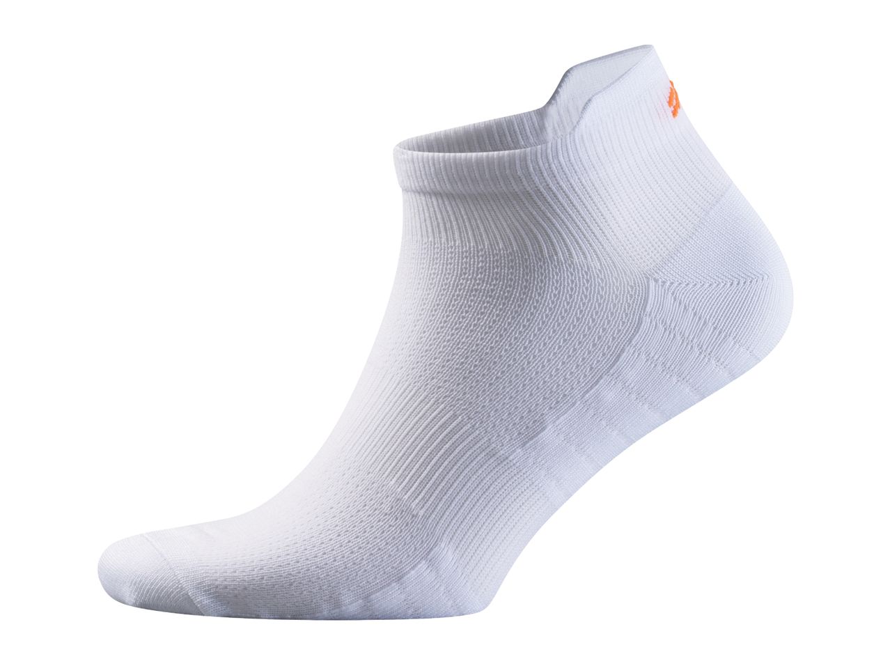 A single white athletic sock with an orange logo on the heel.