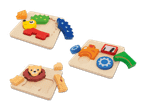 Drei bunte Holzpuzzles mit Tiermotiven und Formen für Kleinkinder.