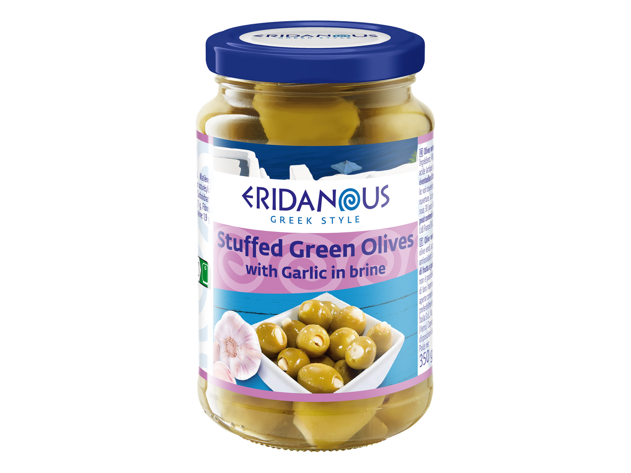 Bocal d'olives vertes farcies à l'ail dans de la saumure, de style grec.
