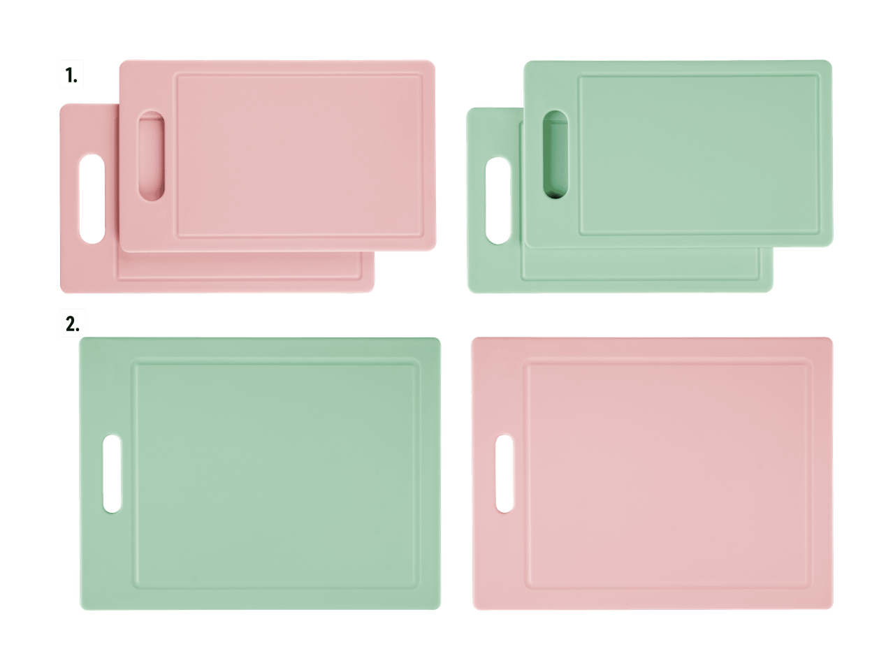 Ensemble de planches à découper roses et vertes, avec deux planches plus petites s'insérant dans les plus grandes.