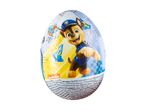 Chocolate egg with a cartoon police dog character and nutritional information.