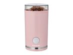 Pink coffee grinder with a transparent lid showing coffee beans.