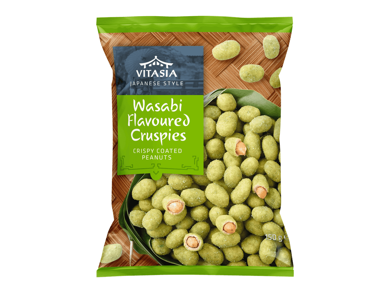 Pussi wasabin makuisia kuorrutettuja maapähkinöitä, 150 g.