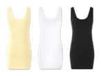 Drei schlichte, figurbetonte Tankkleider in beige, weiß und schwarz.