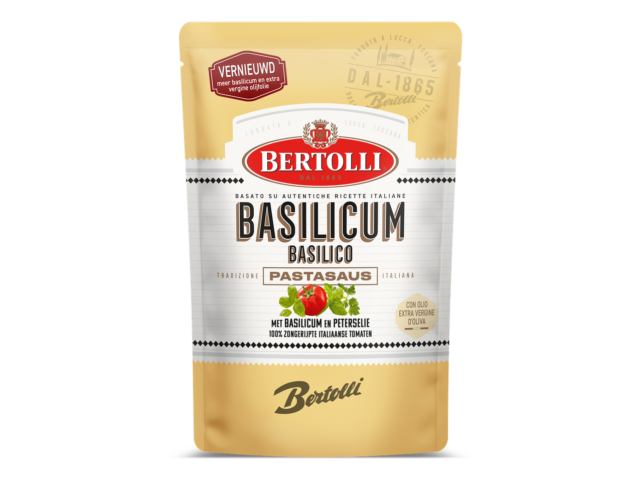 Vernieuwde basilicum pastasaus met extra vergine olijfolie en 100% zongerijpte Italiaanse tomaten.