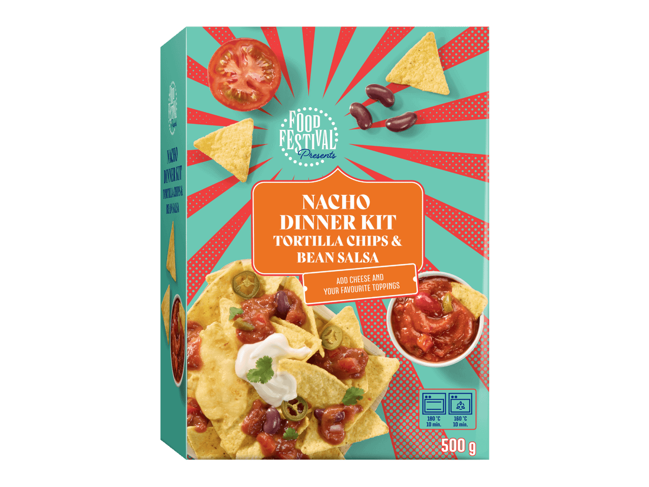 Nachopakkaus, jossa on tortillalastuja ja papusalsaa, sekä valmistusohjeet ja paino 500 g.
