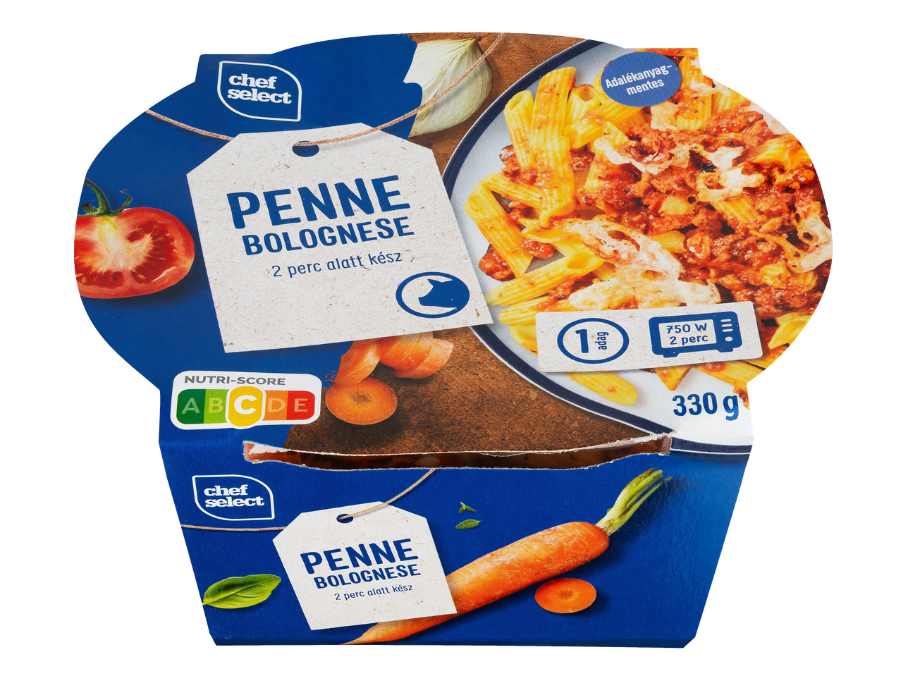 Penne Bolognese csomagolás, Nutri-Score A, 330g, 2 perc alatt kész
