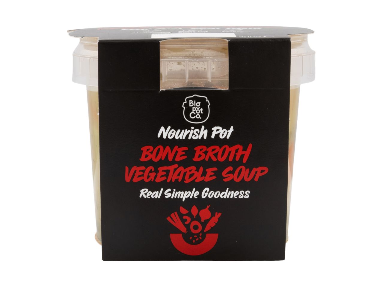 A 300g pot of bone broth vegetable soup with a black sleeve.
