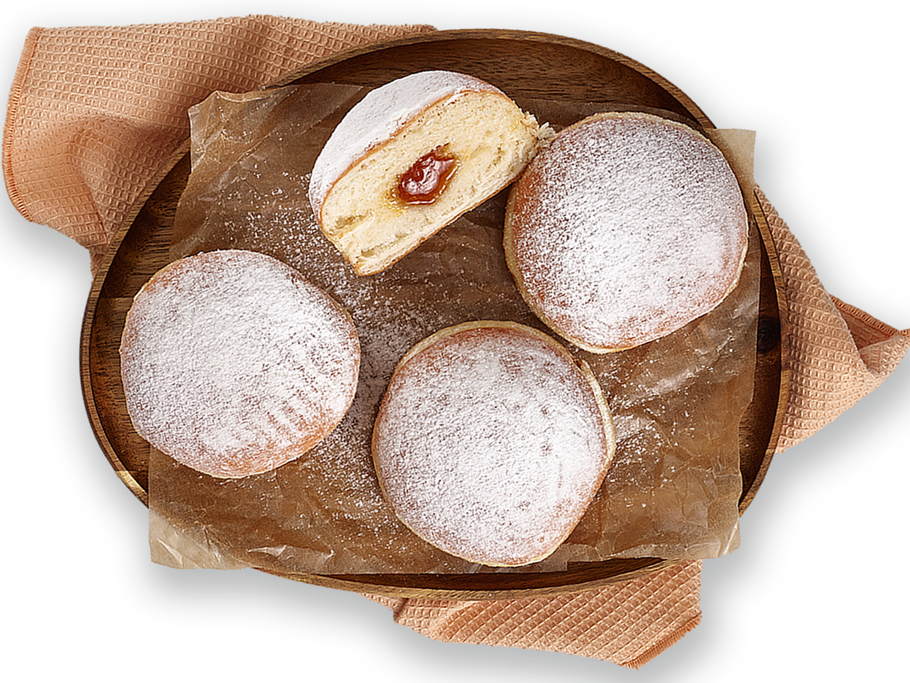 Krafne posute šećerom u prahu, neke s marmeladom.