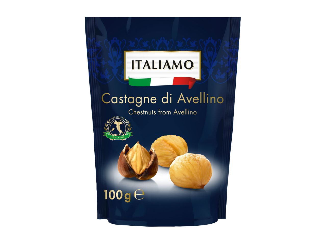 A dark blue bag of 'ITALIAMO Castagne di Avellino' (Chestnuts from Avellino) with chestnuts.