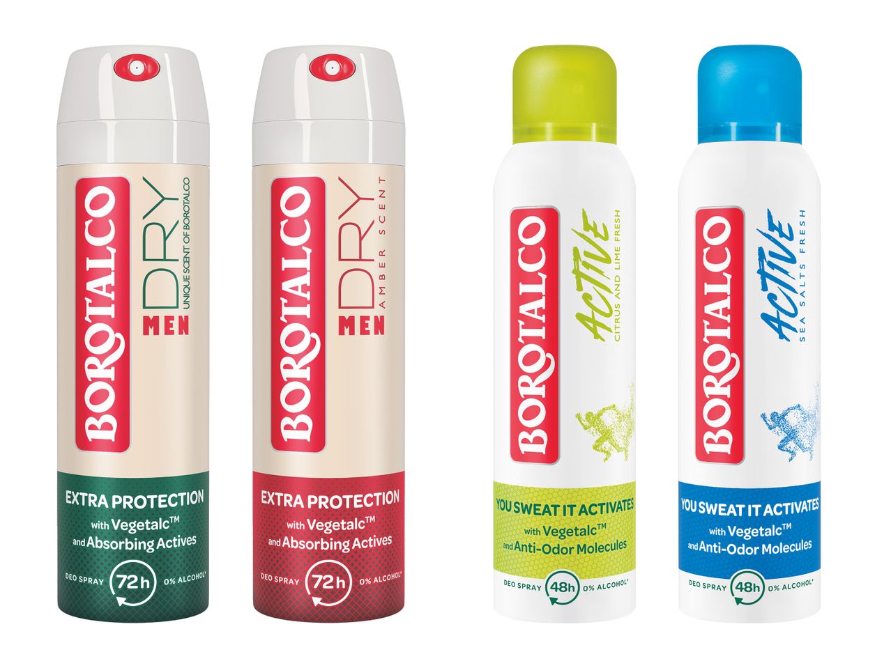 Deodorante Borotalco pentru bărbați, disponibile în variante Dry și Active.