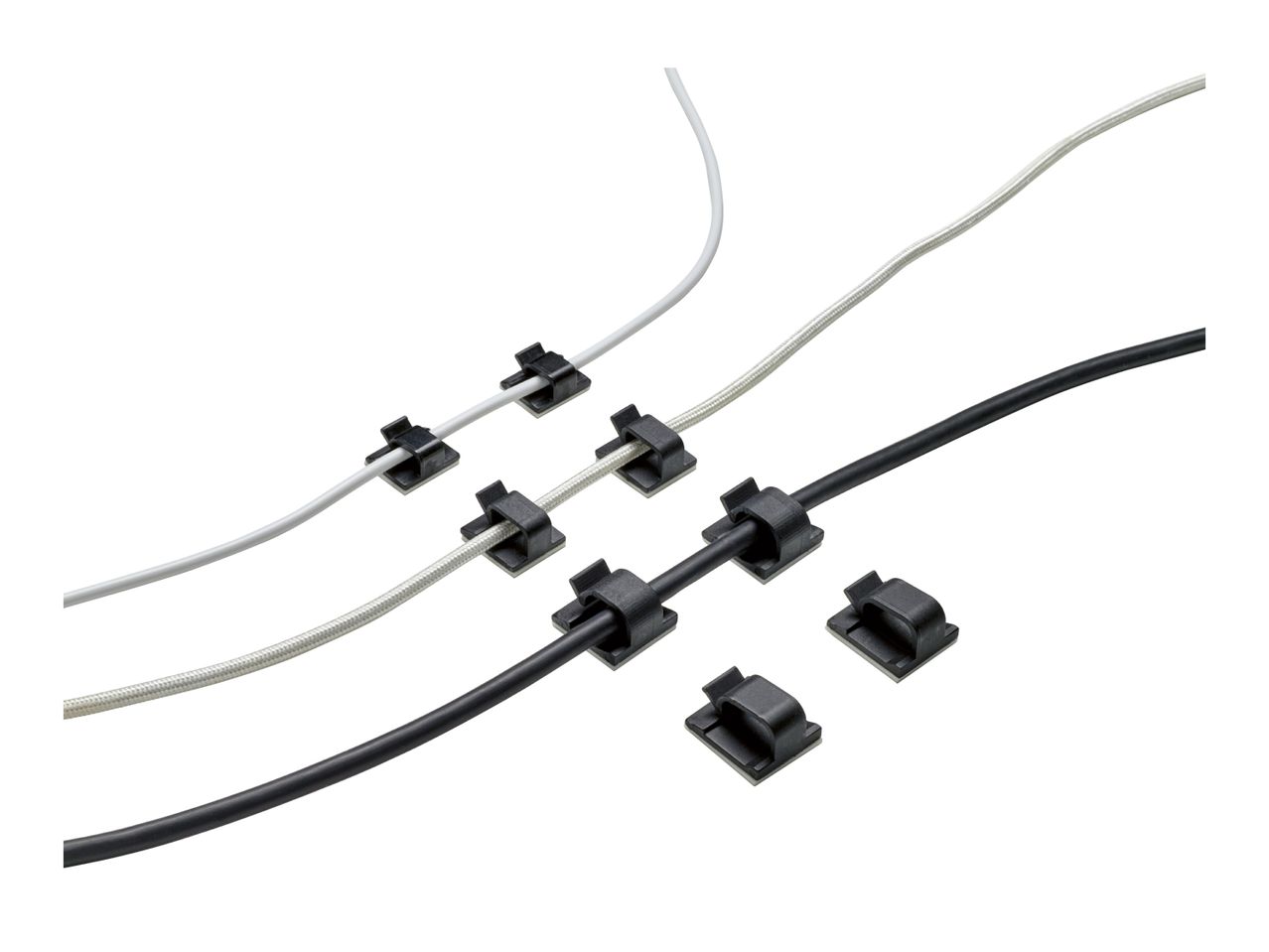 Black adhesive cable clips securing white, silver, and black cables.