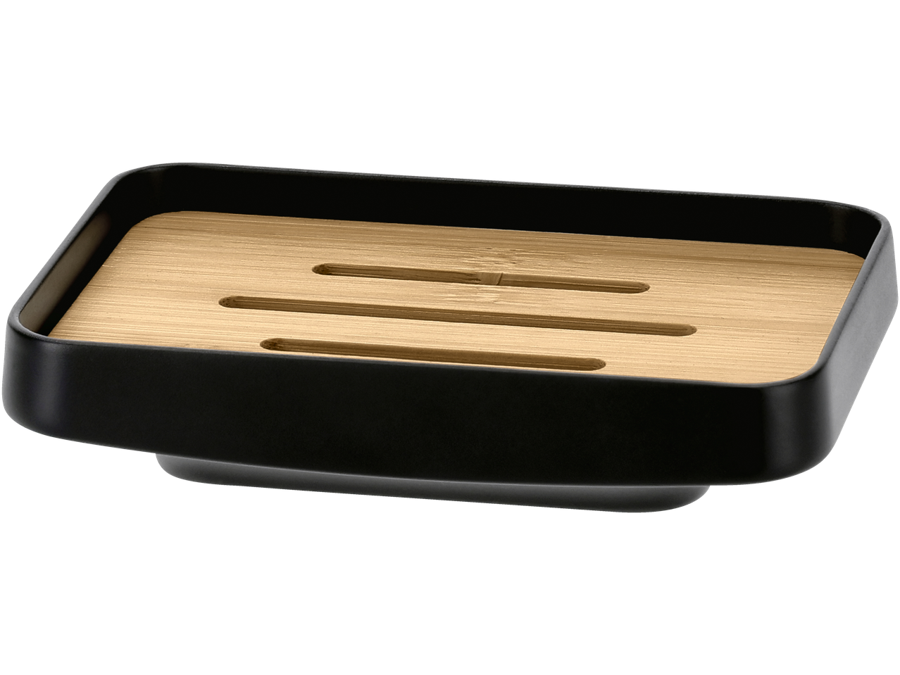 Suport de săpun LIVARNO cu bază de bambus și recipient negru.