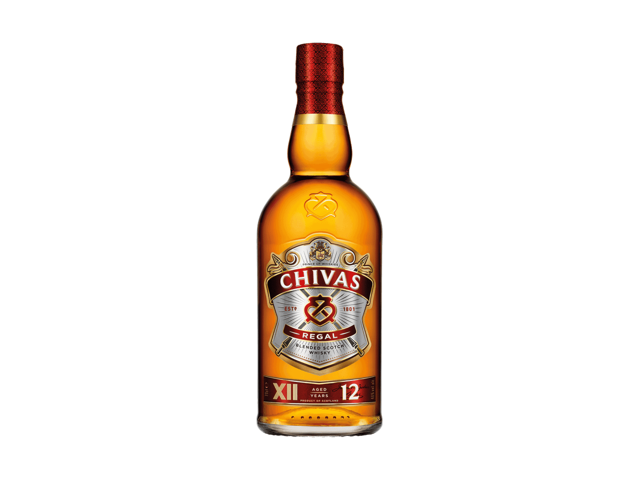 Flasche Chivas Regal 12 Jahre alter Blended Scotch Whisky auf schwarzem Hintergrund.