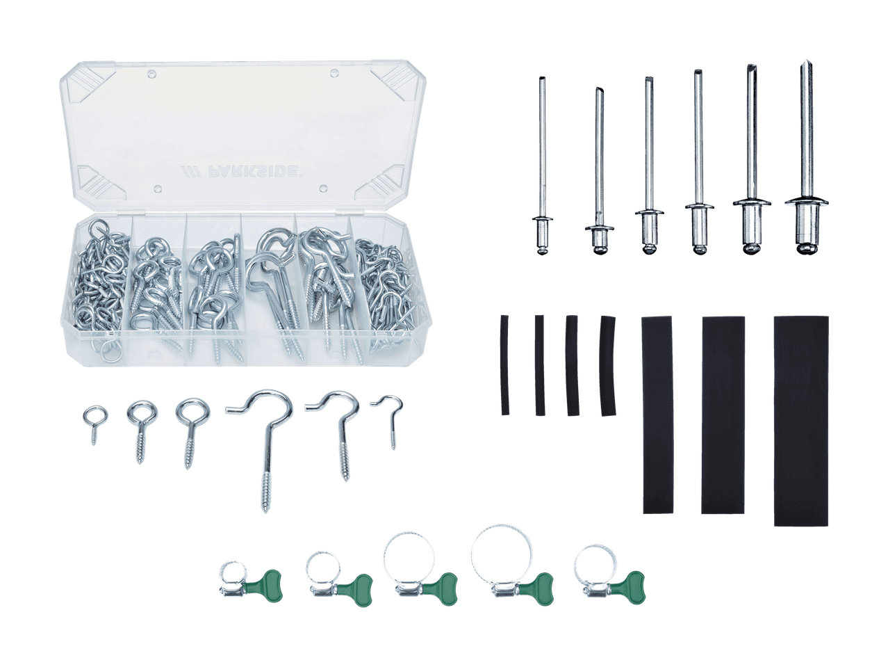 Assortiment d'œillets à vis, crochets, rivets et colliers de serrage dans une boîte en plastique.