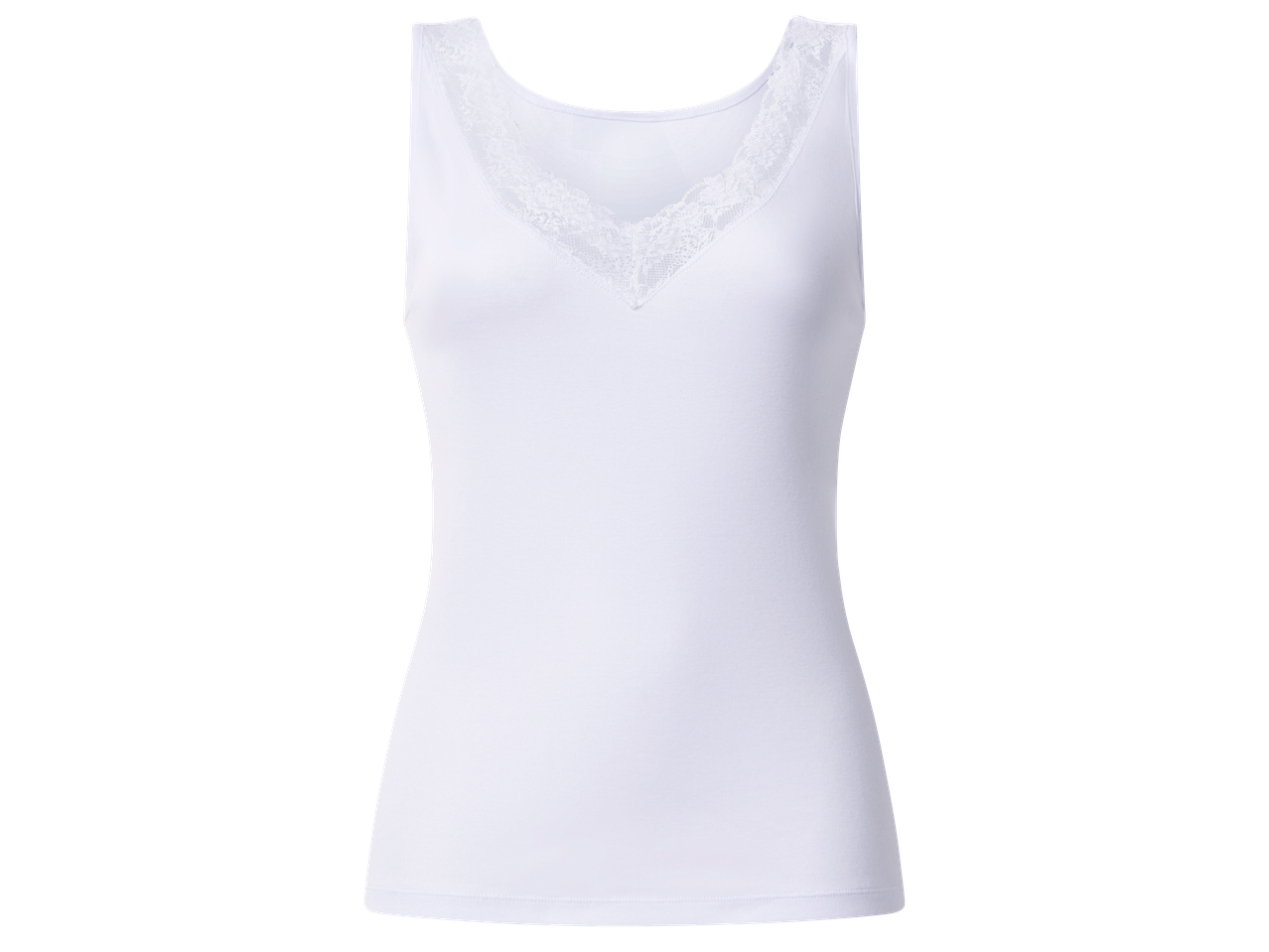 Бял дамски топ с V-образно деколте и дантела.