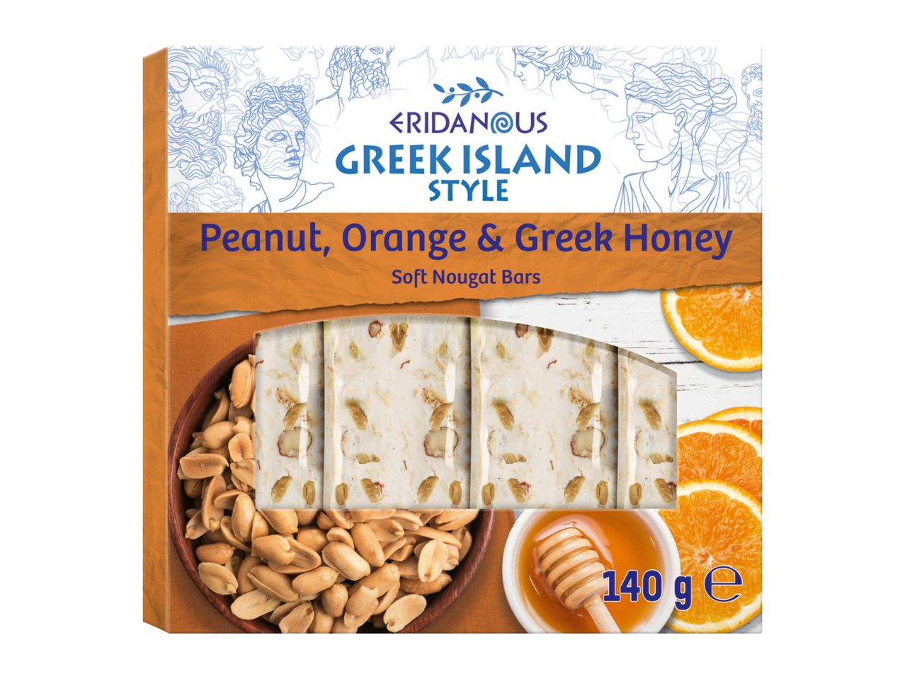 ERIDANOUS Greek Island Style Peanut, Orange & Greek Honey Soft Nougat Bars, 140g