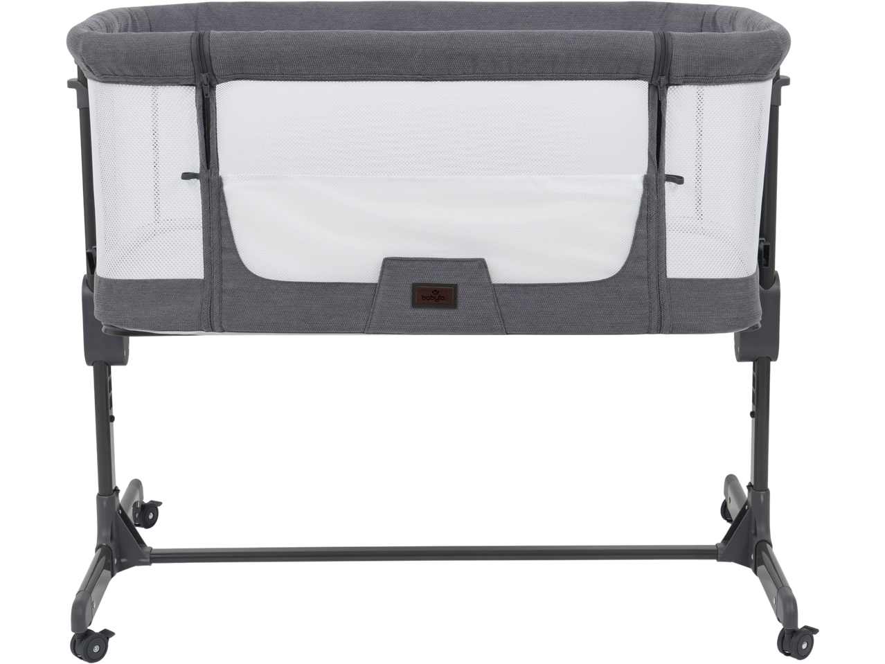 Gray baby bassinet with white mesh fabric and wheels