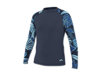 Dunkelblaues Langarmshirt mit blauen tropischen Blättern auf den Ärmeln