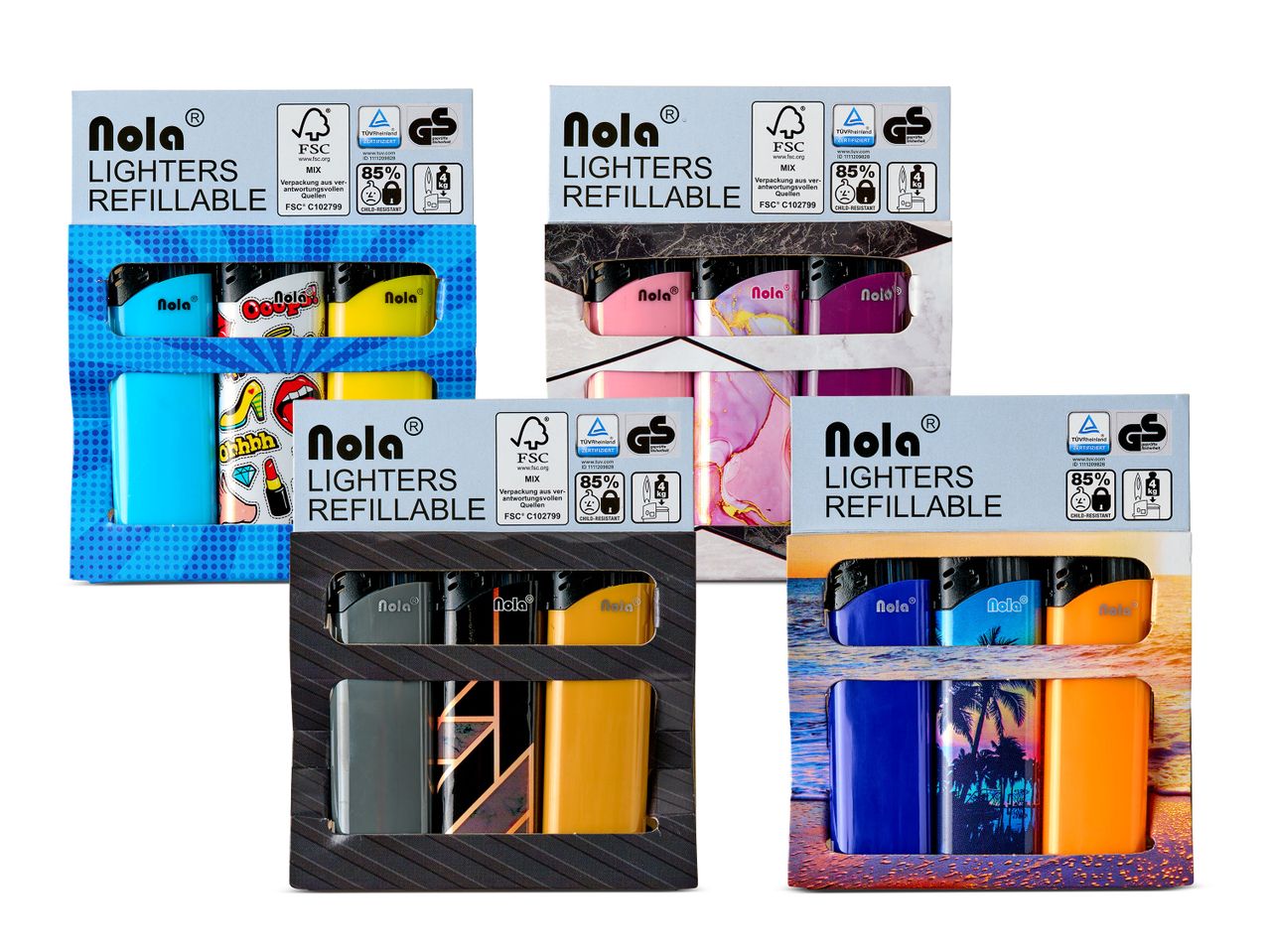 Nola navulbare aanstekers in diverse designs.