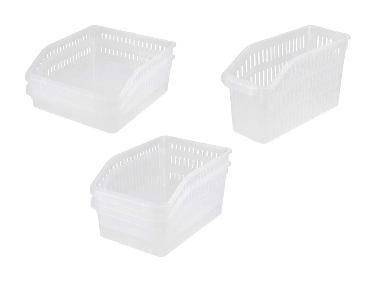 Tre hvide, perforerede opbevaringskurve i plast, to stablet og en enkeltstående.