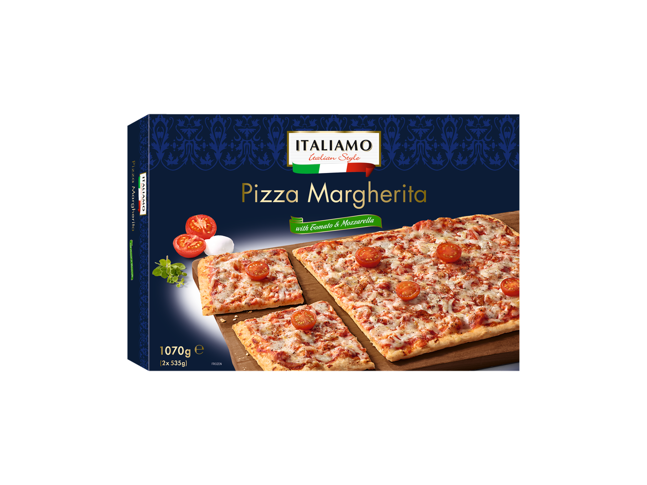 Pizza Margherita congelada ITALIAMO, estilo italiano, com tomate e mozzarella.