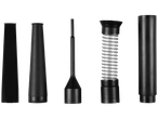 Accessoires d'aspirateur noirs : suceurs plats, brosse et tuyau flexible.