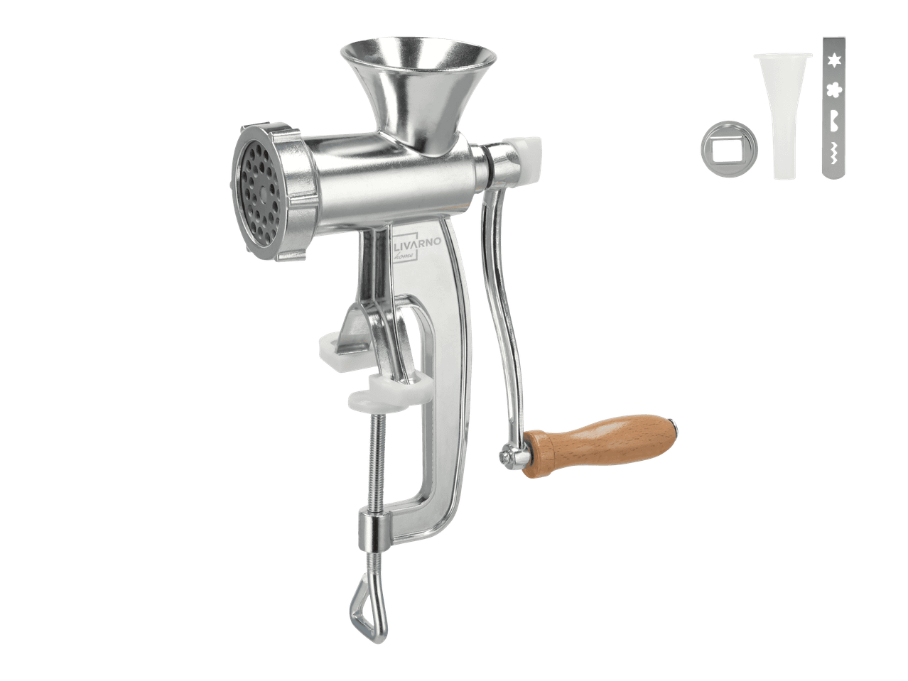 LIVARNO home -lihamylly ja lisäosat, kuten suppilo ja muotoilulevyt.