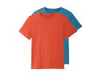 To ensfarvede T-shirts, en orange og en blå, ligger oven på hinanden.
