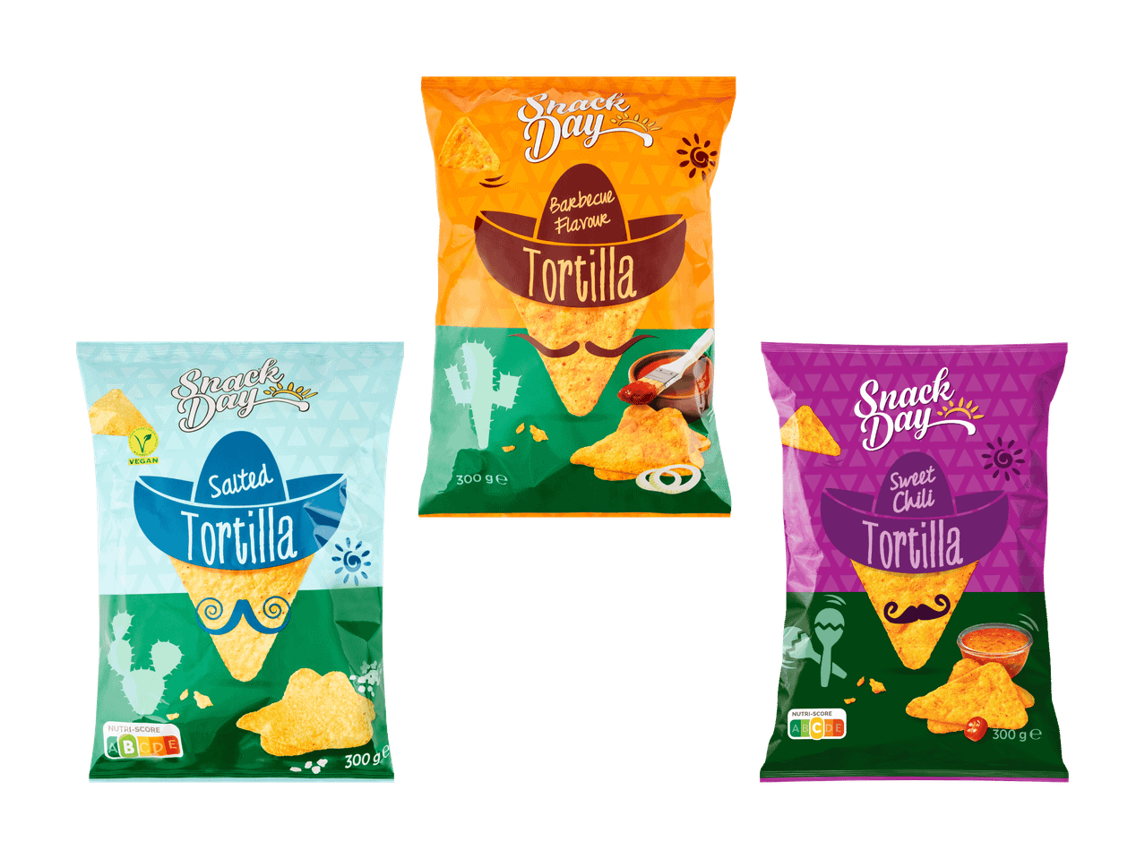 Drei Tüten Snack Day Tortilla-Chips: gesalzen, Barbecue und süßer Chili.
