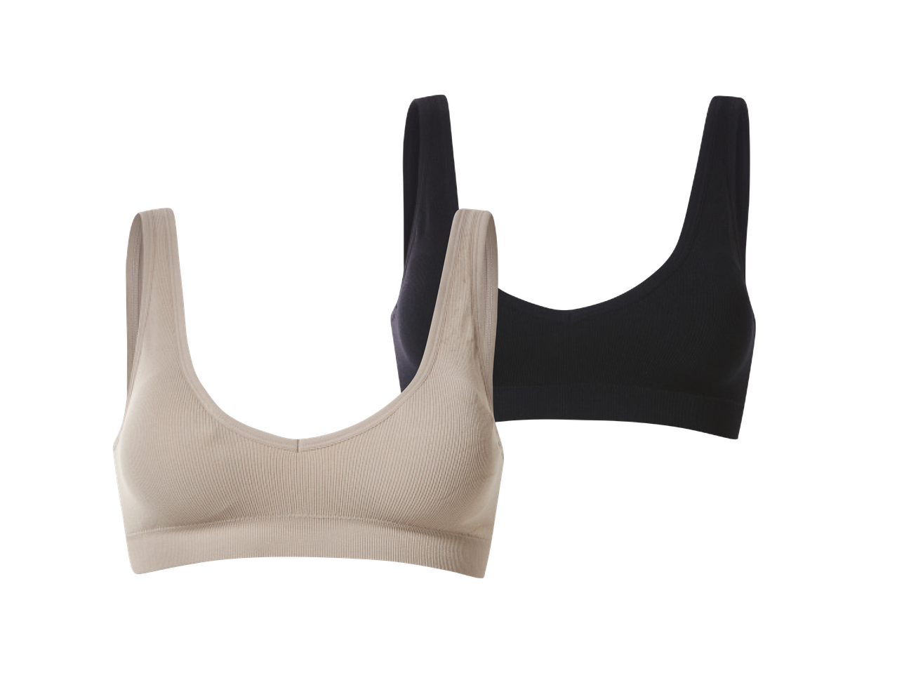 Dva sportska grudnjaka, jedan bež i jedan crni, s rebrastom teksturom.