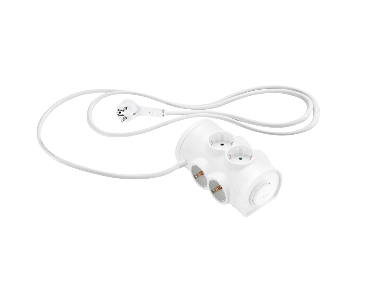 Multipresa bianca con 4 prese e cavo, su sfondo bianco.