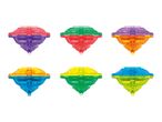 Six colorful, diamond-shaped spinning tops.
